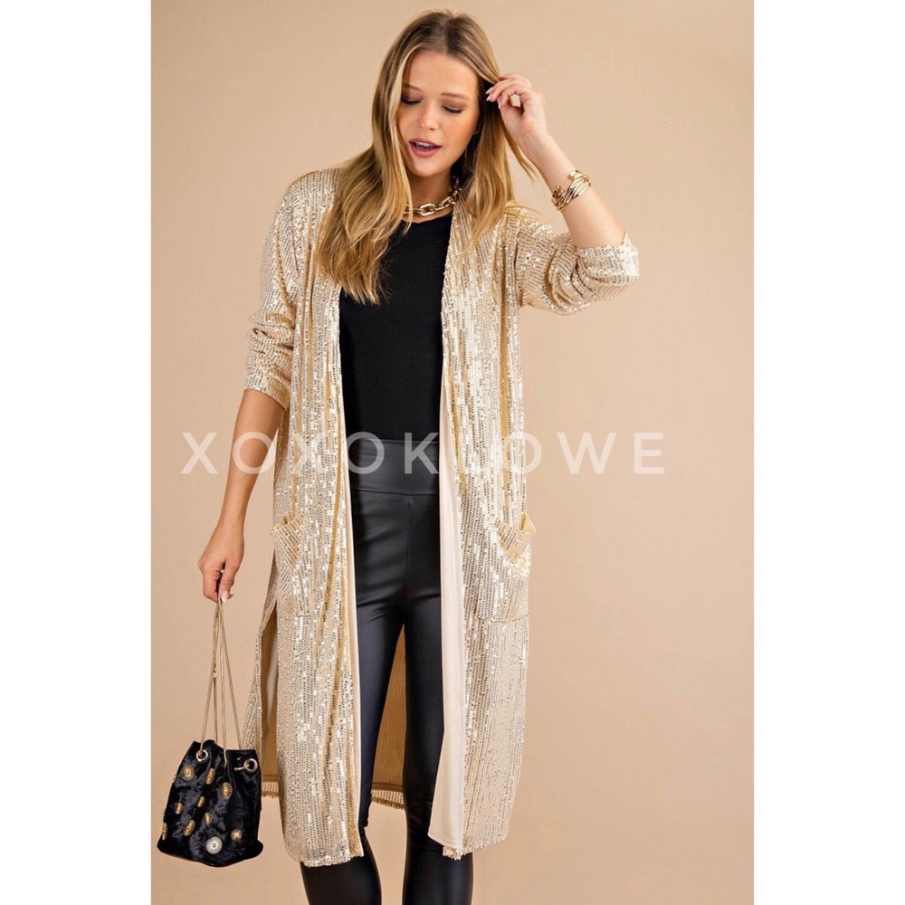 Gold Open Front Sequin Duster Long Fully Lined - image 7